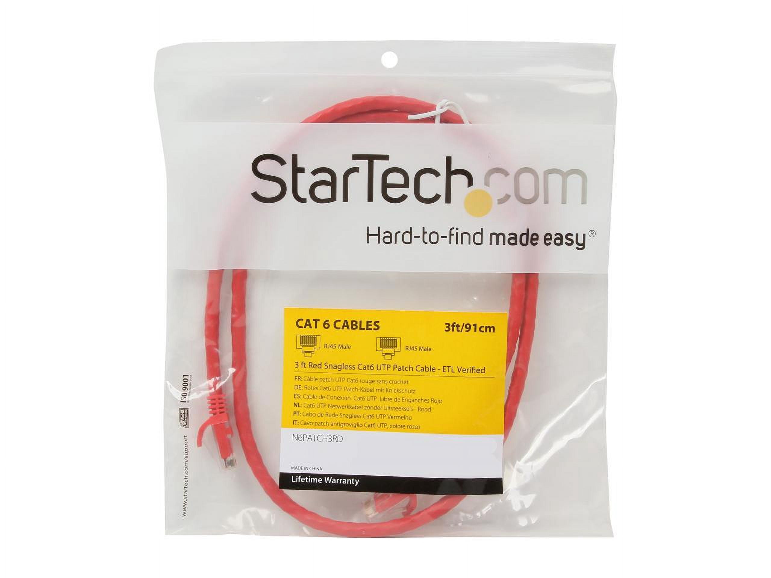 StarTech 3ft CAT6 Ethernet Cable - Red CAT 6 Gigabit Ethernet Wire -250Mhz 100W PoE RJ45 UTP Network Patch Cord Snagless with Strain Relief (N6PATCH3RD)
