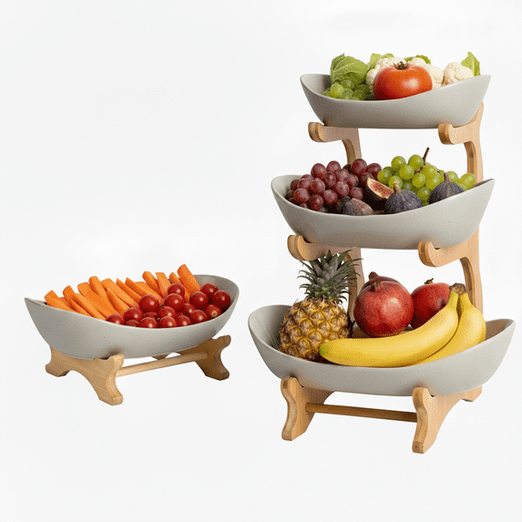 StarZe 3 Tier Fruit Tray with Bamboo Stand,Ceramic Bowls for Food,Vegetable Basket ,Cake,Dessert Storage Platters,Brown