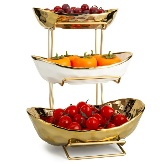 StarZe 3 Tier Fruit Tray with Metal Stand,Ceramic Bowls for Food,Vegetable,Cake,Dessert Storage Basket,Gold