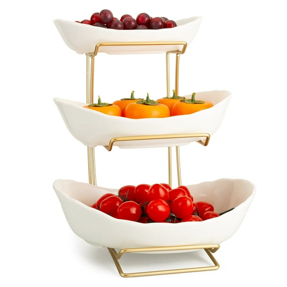 StarZe 3 Tier Fruit Tray with Metal Stand,Ceramic Bowls for Food,Vegetable,Cake,Dessert Storage Basket,White