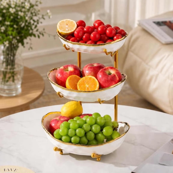StarZe 3 Tier Fruit Basket, Fruit Bowl for Kitchen Counter, Ceramic Fruit Stand with Metal Holder for Vegetable Snacks Candy Storage, White (Gold Holder)