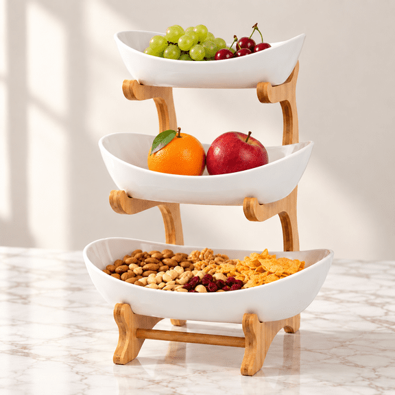 StarZe 3 Tier Fruit Tray with Bamboo Stand,Ceramic Bowls for Food,Vegetable,Cake,Dessert Storage Platters,White.