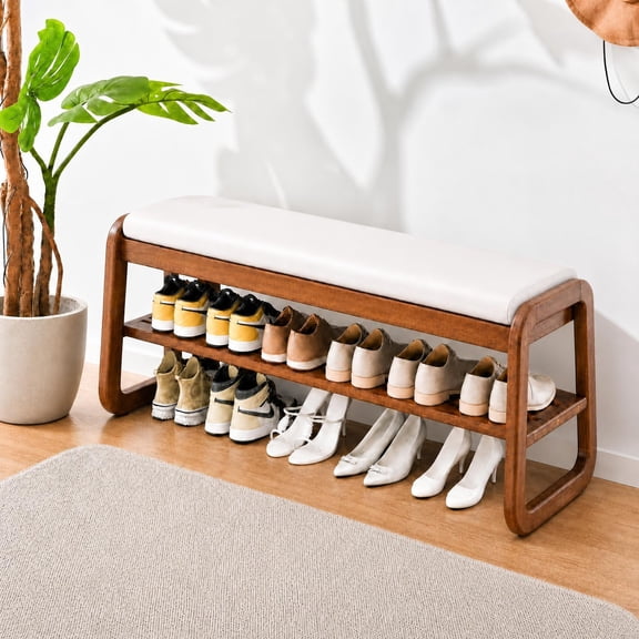 StarZe 31.5 inch Solid Wood Shoe Rack Bench, Entryway Shoe Bench with Cushion, 2-Tier Shoe Organizer, Flip-Open Storage Compartment (Walnut)