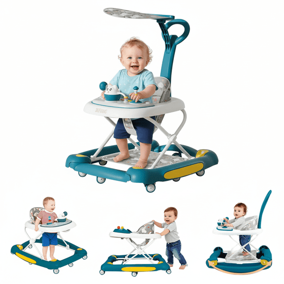 StarZe 6-in-1 Baby Walkers, Height Adjustable with Music and Lights, Foldable Push Walker for Boys and Girls 6-24 Months,Green