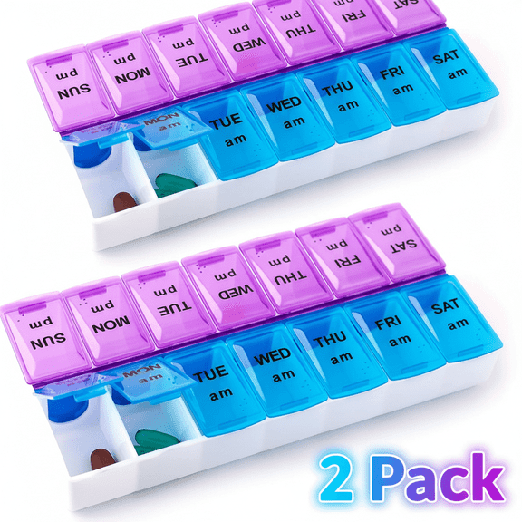 StarZe 7 Day AM/PM Pill Box Organizer,Protable Vitamin Case,Weekly Medicine Organizer, Large Compartments, 2 Times a Day, Blue and Clear Lids(2pcs)