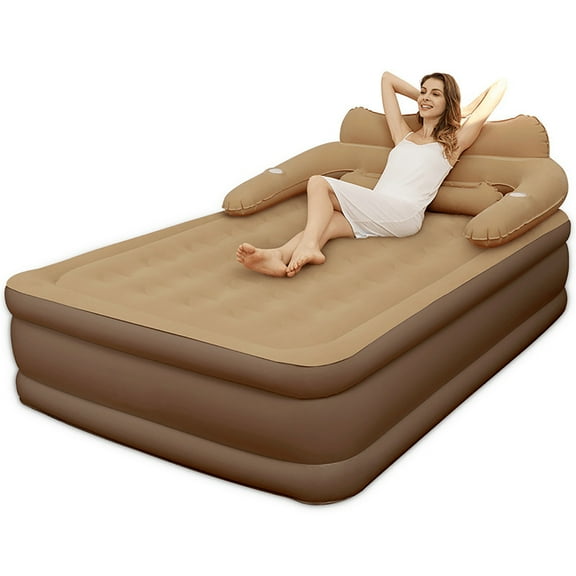StarZe Air Mattress Queen with Built in Pump and Headboard，Inflatable Portable Mattress for Home, Camping & Guests,Brown.