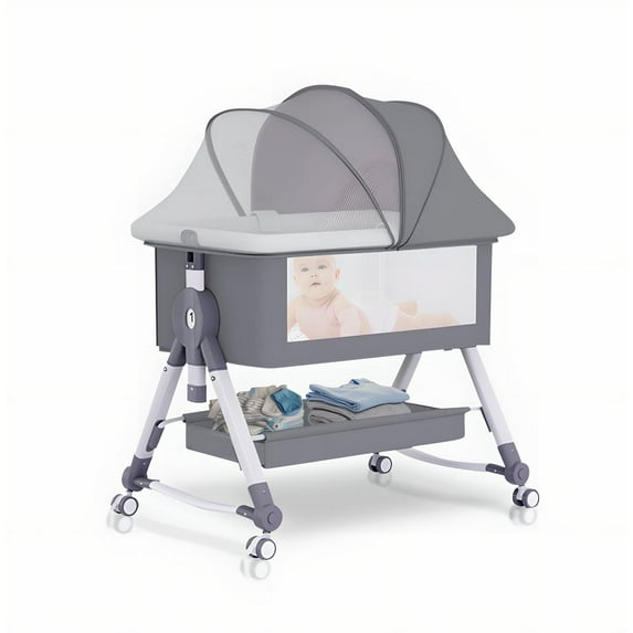 StarZe Baby Bassinet with Mosquito Net and Storage Rack,Silent Wheels,Adjustable Height,Gray.