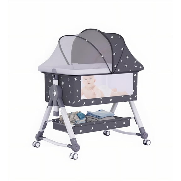 StarZe Baby Bassinet with Mosquito Net and Storage Rack,Silent Wheels,Adjustable Height,Black.