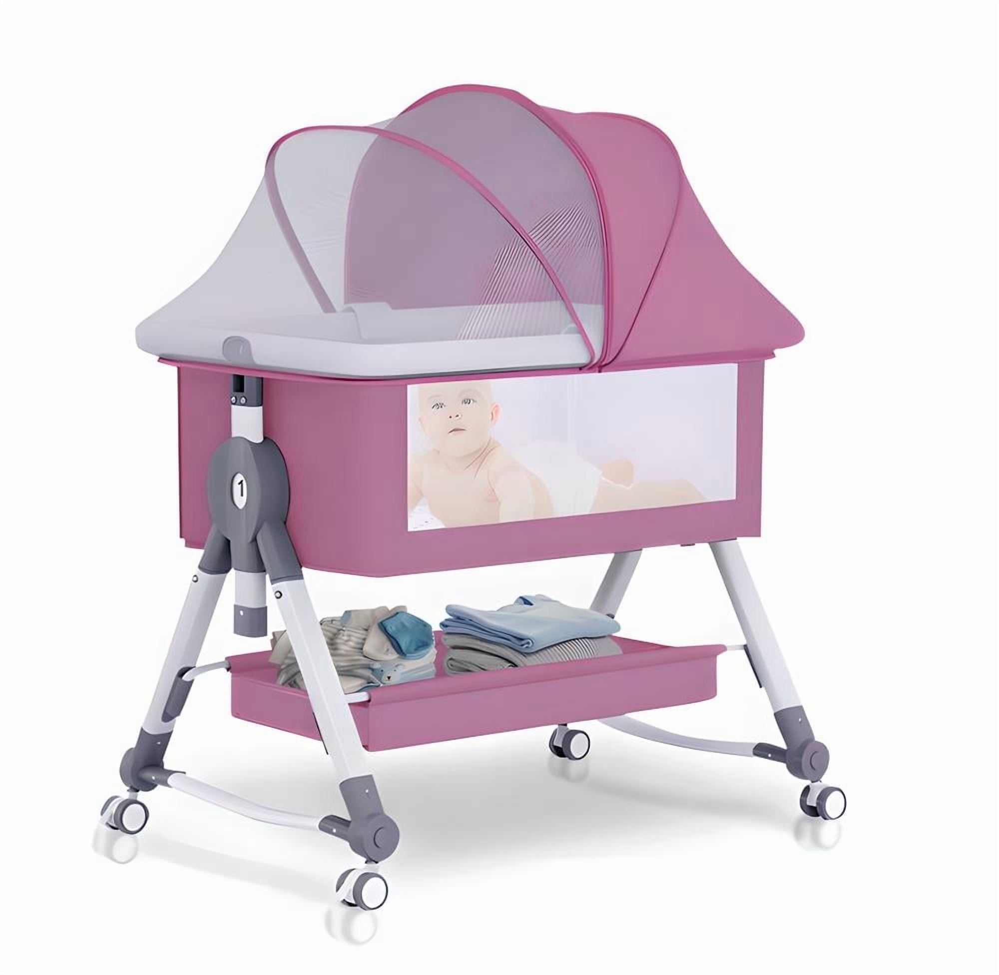 StarZe 4 in 1 Infant Baby Bassinet Bedside with Mosquito Net and Storage Rack,5 Auto-Lock Adjustable Height Baby Crib for 0-24 Months,Pink