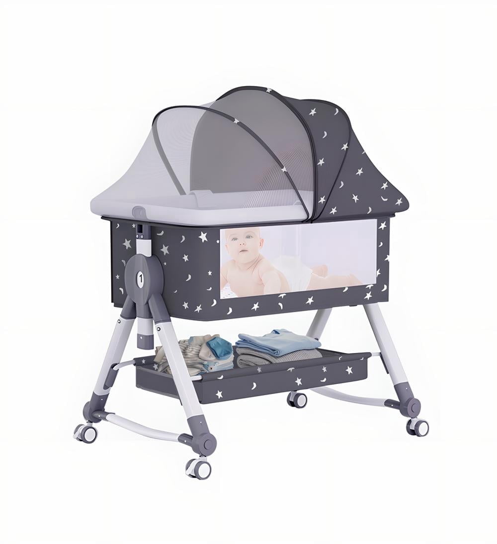 StarZe Baby Bassinet with Mosquito Net and Storage Rack,Silent Wheels,Adjustable Height,Black.