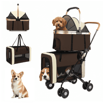 StarZe Dual 4-in-1 Double Stroller with 4 Wheels for Pets, Foldable and Portable Design for Medium Dogs and Cats,Up to 50lbs (Brown)