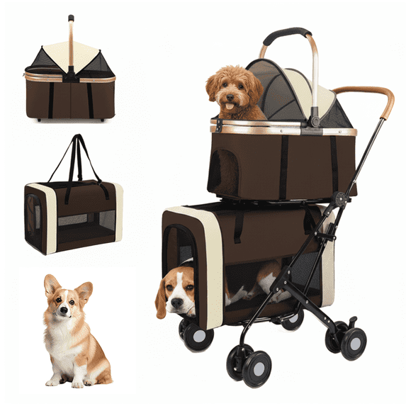 StarZe Dual 4-in-1 Double Stroller with 4 Wheels for Pets, Foldable and Portable Design for Medium Dogs and Cats,Up to 50lbs (Brown)