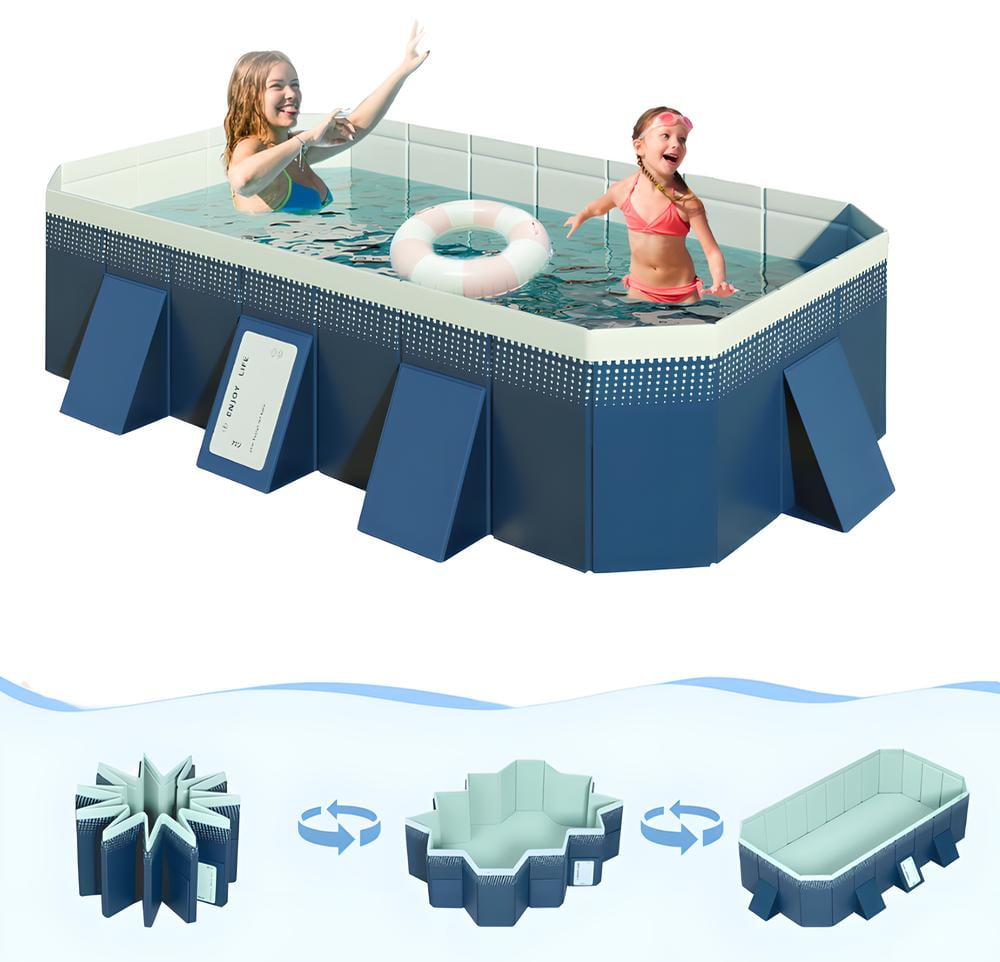 StarZe Foldable Pool for Kids and Adults,Non Inflatable Above Ground Outdoor Swimming Pool, Green, 101" x 66" x 20".