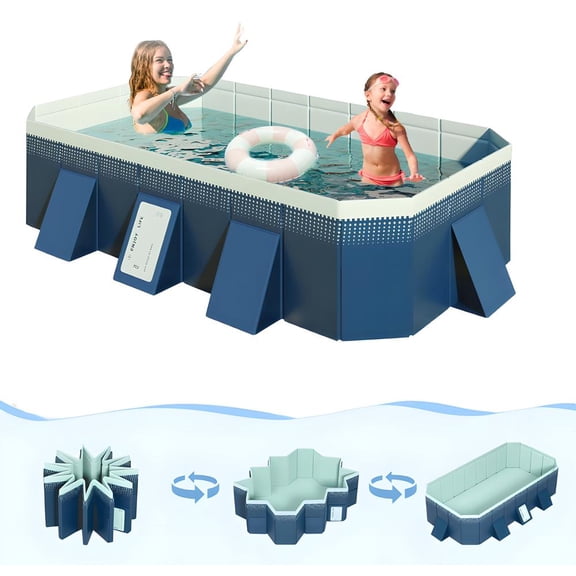 StarZe Foldable Pool for Kids and Adults,Non Inflatable Above Ground Outdoor Swimming Pool, Green, 101" x 66" x 20".