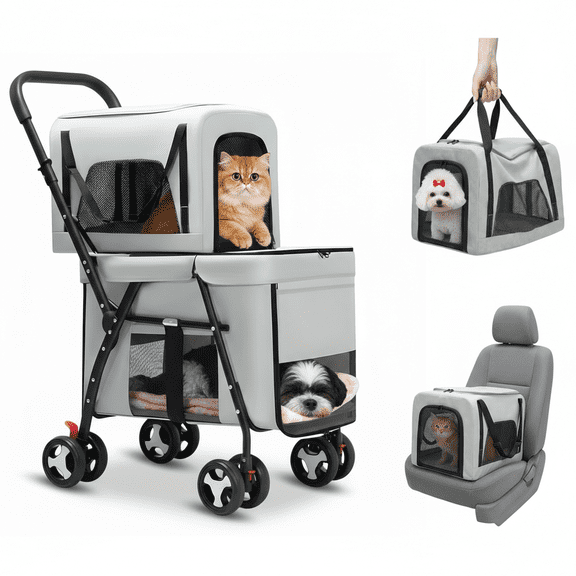 StarZe Large 4-in-1 Double Pet Stroller for Dogs, Foldable and Portable Design for Small and Medium Dogs&Cats Suitable for Travel and Outdoor (Grey)