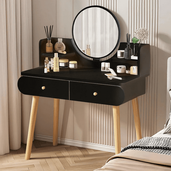 StarZe Makeup Vanity Table with Mirror,Dressing Table with Drawers and Shelves for Girls and Women,Black