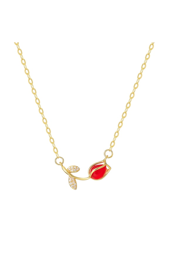 Gold Flower Necklaces for Women Cute Red Cubic Zircon Tulip Flower Pendant Necklace Daily Jewelry
