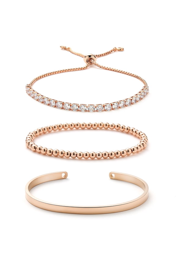 Tennis Bracelets for Women White Cubic Zirconia Bling Bracelet Rose Gold Beaded Bracelet Set