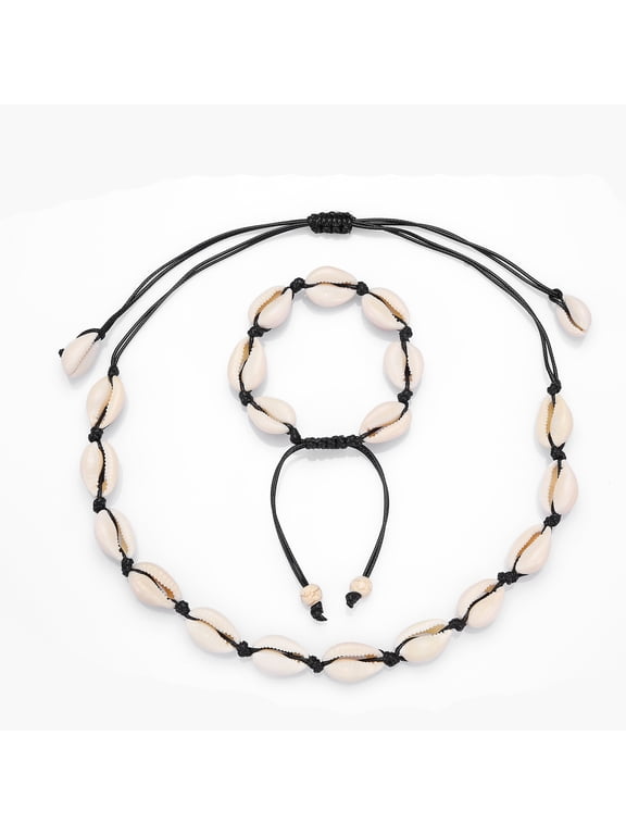 White Shell Necklace Bracelet for Women Adjustable Puka Beach Seashell Choker Set