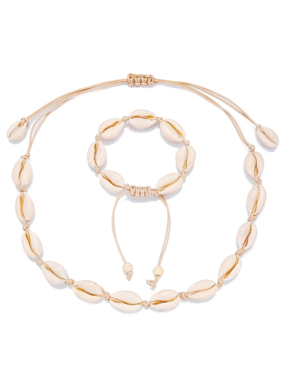 White Shell Necklace Bracelet for Women Adjustable Puka Beach Seashell Choker Set