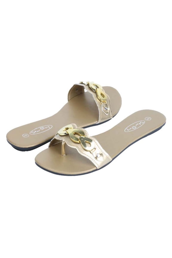 Women's Fashion Slide Sandals Chain Metallic Design Flats flip flop and Open Toe Sandals
