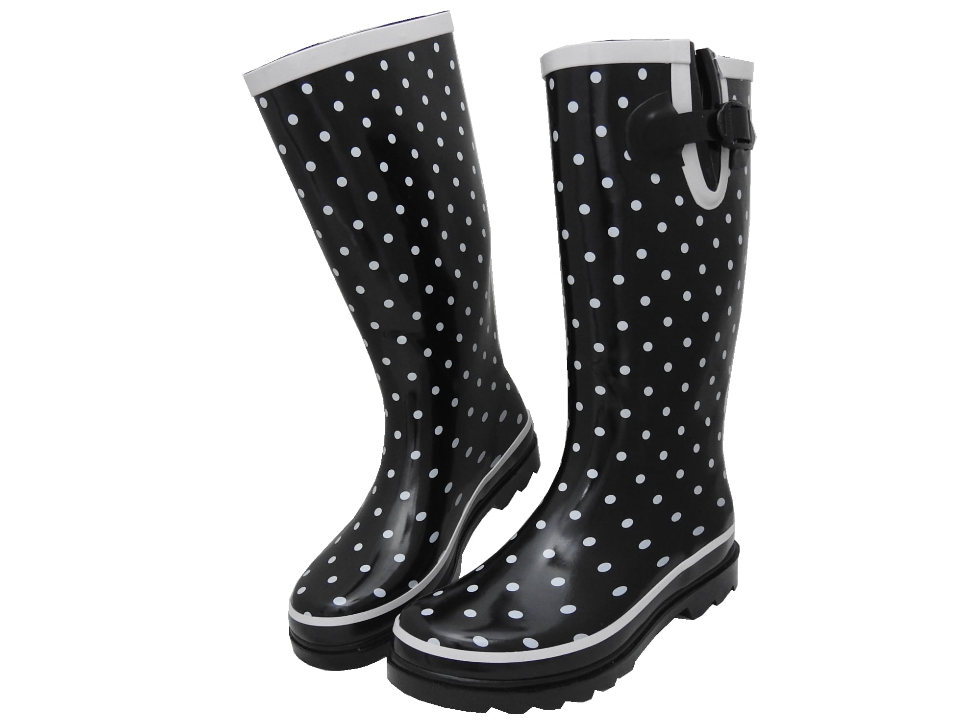 Starbay Women s Rubber Rain Boots White Polka Dots on Black