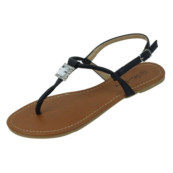 Starbay Women's Square Jeweled Rhinestone T-Strap Flat Sandals