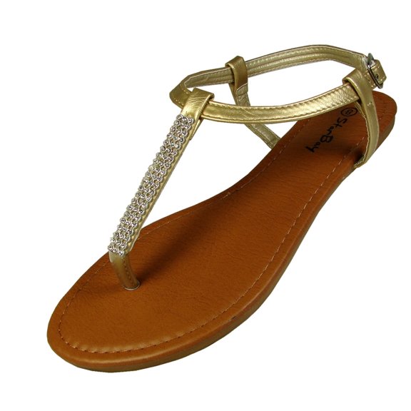Starbay Women's T-Strap Flats Sandals, Rhinestone Strip