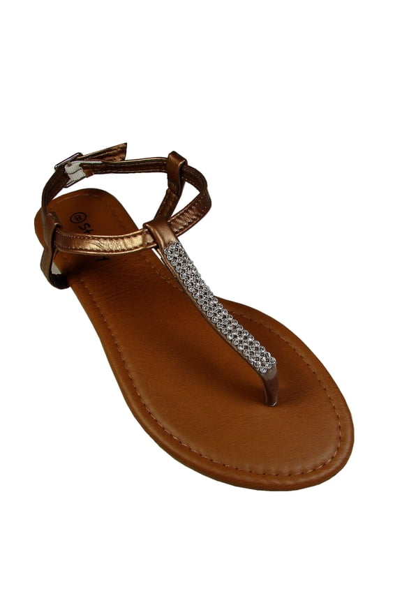 Women's T-Strap Flats Sandals, Rhinestone Strip