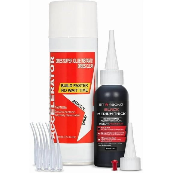 Starbond 2 oz. Black Medium Thick Premium CA Glue, 6 oz. Aerosol Accelerator Bundle, Cyanoacrylate Adhesive Super Glues for Woodworking, Wood Knots and Voids, Woodturning, Guitar, Hobby