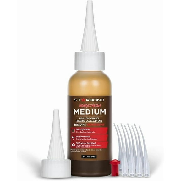 Light Brown Medium CA Glue (Premium Cyanoacrylate Super Glue) Crack Filler 150 CPS Viscosity, for Woodworking, Woodturning, Carpentry, Guitar, 2oz