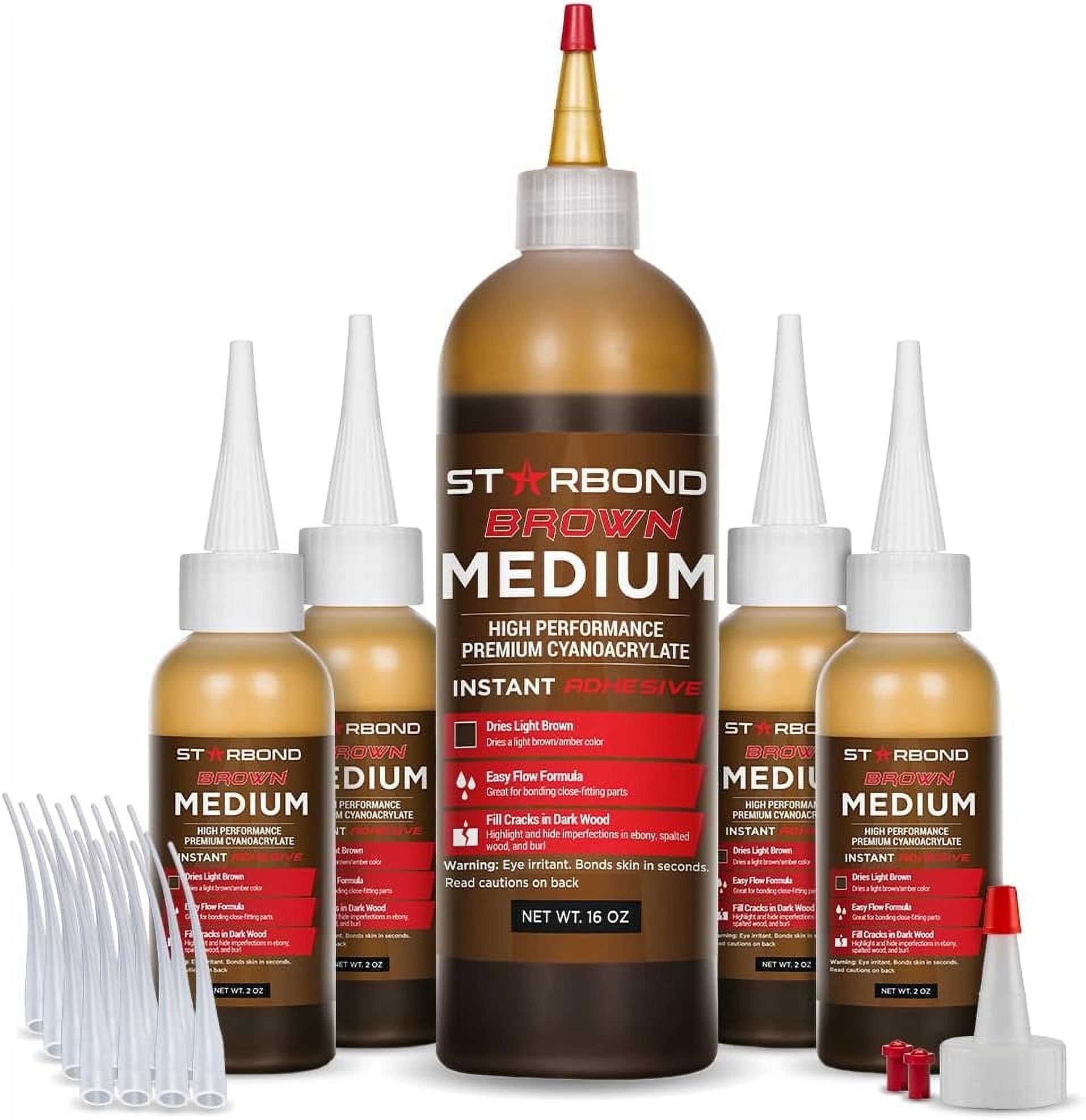 Premium Grade Cyanoacrylate (CA) Super Glue, Complete Refill Kit, Light Brown Medium Crack Filler 150 CPS Viscosity Adhesive, for Woodworking, Woodturning, Carpentry, 16oz (453g)