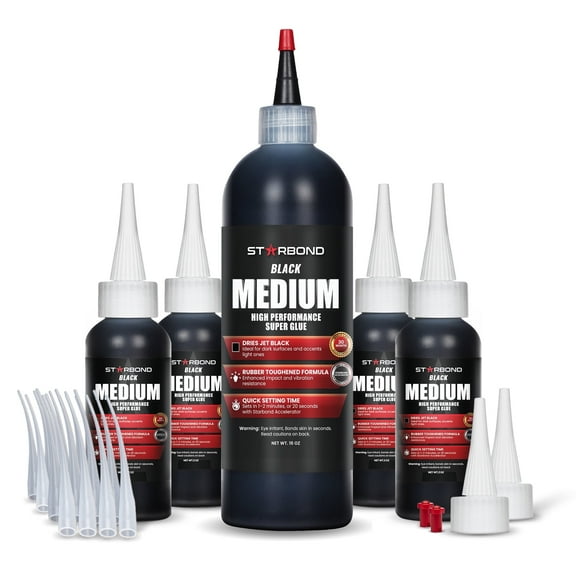 Starbond Premium Grade Cyanoacrylate (CA) Super Glue, Complete Refill Kit, Black Medium Crack Filler 150 CPS Viscosity Adhesive for Woodworking, Woodturning, Carpentry, 16oz (453g)