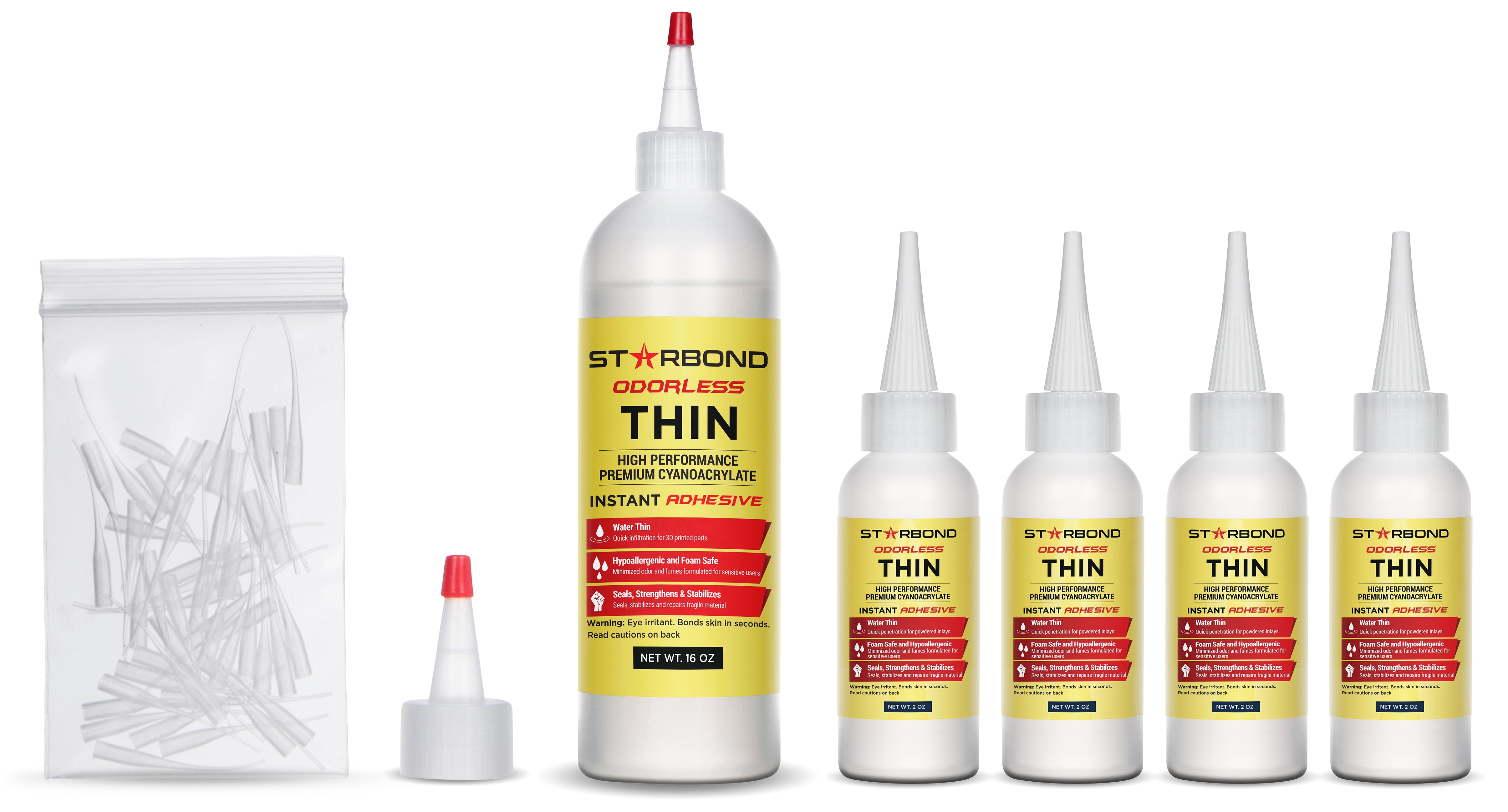Starbond N/O-05 Odorless Thin, Premium CA Super Glue - Foam Safe INFILTRANT Plus Extra Bottles, Caps, and Microtips, 16 oz. (Bulk Size) (for 3D Printing, Woodturning, Hobby)