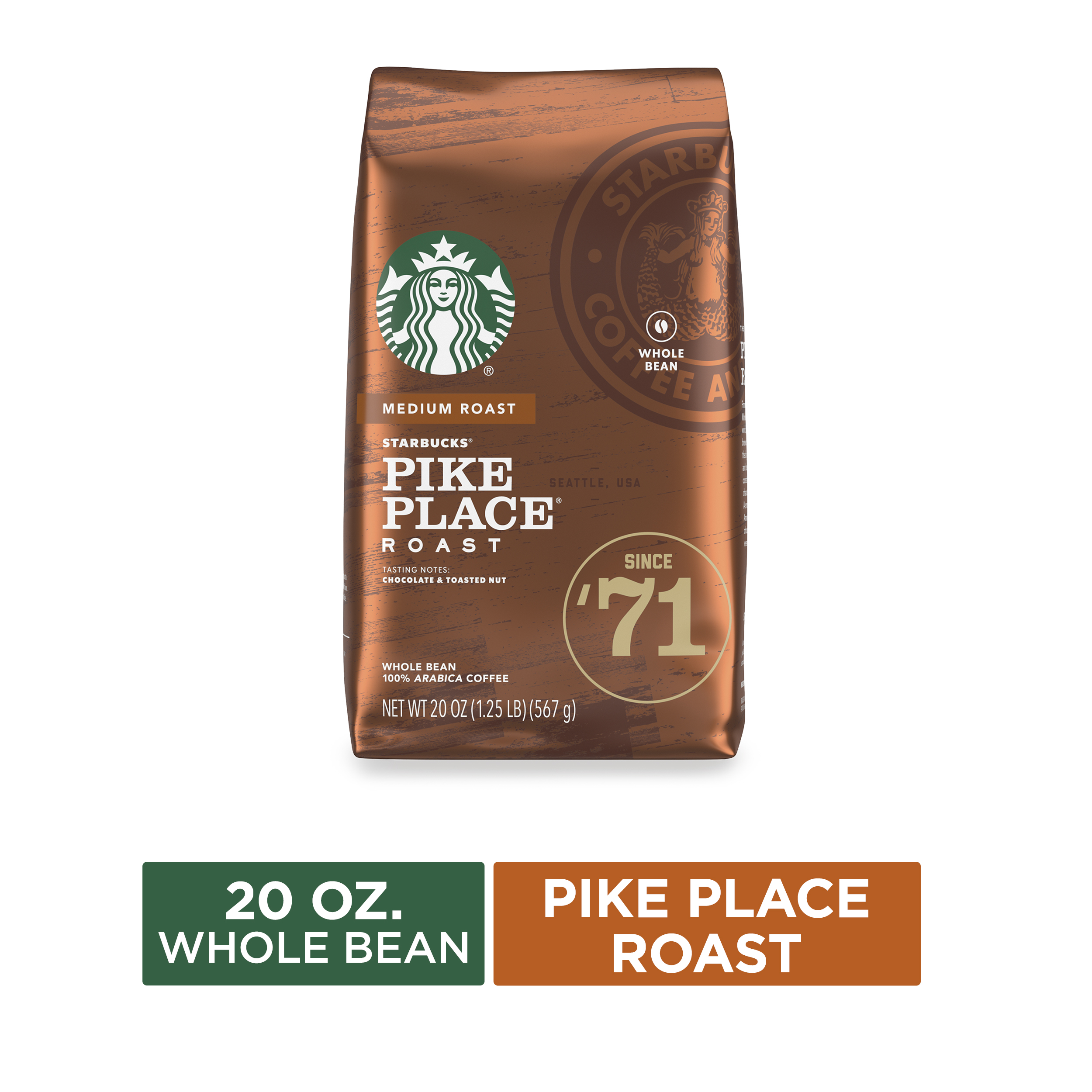 Starbucks 100% Arabica Pike Place Medium Roast Whole Bean Coffee, 20 Oz, Bag - image 1 of 6