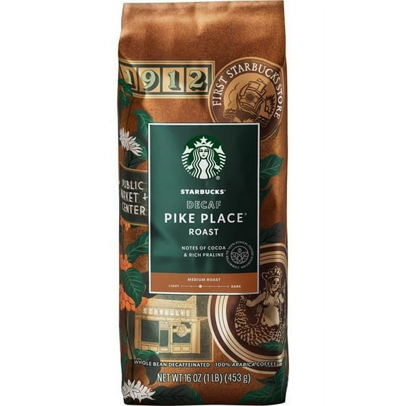 Starbucks 12540222 1 lbs. Bag Decaffeinated Whole Bean Coffee - Pike Place