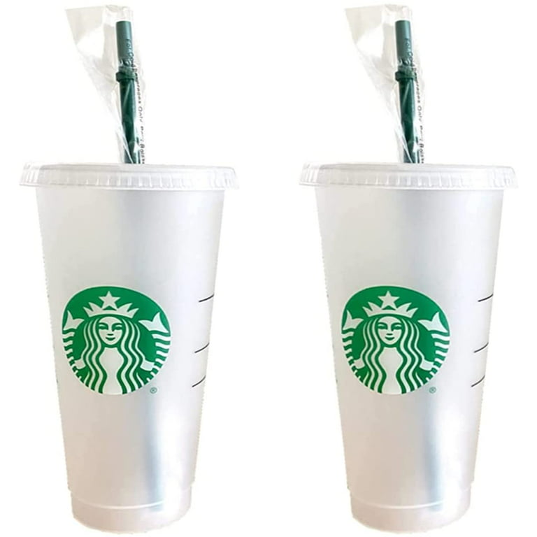Starbucks 2 Pack Reusable Venti Frosted Cold Cup With Lid and Green Straw  w/Stopper 