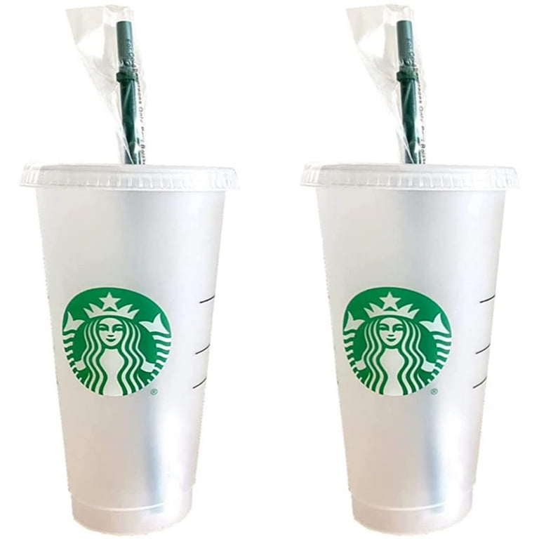 Starbucks 2 Pack Reusable Venti Frosted Cold Cup With Lid and Green Straw  w/Stopper