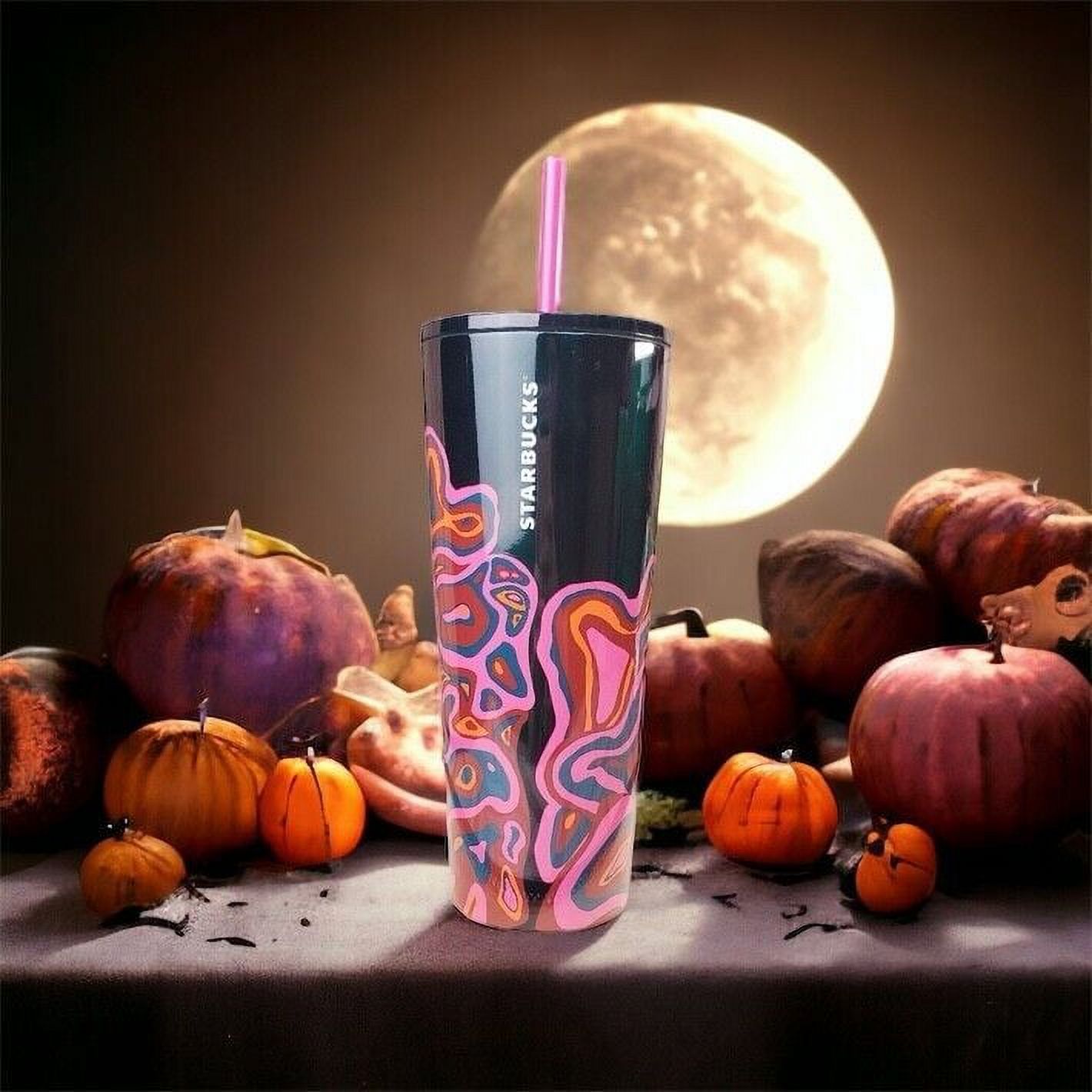 Starbucks 2023 Fall Black & Magenta Wavey Lines Graphic Stainless Steel
