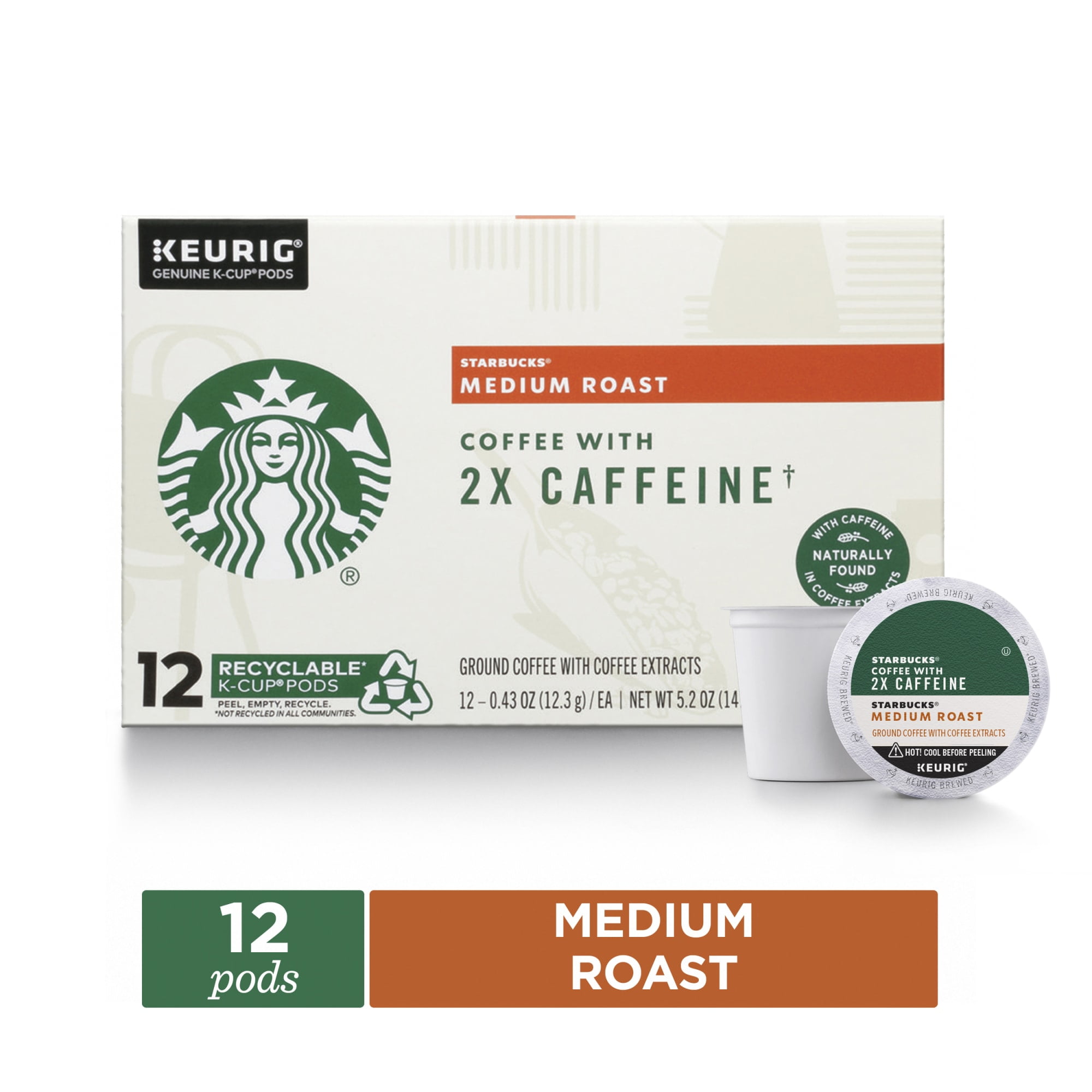 Starbucks, 2X Caffeine Medium Roast K-Cup Coffee Pods, 12 Count K Cups