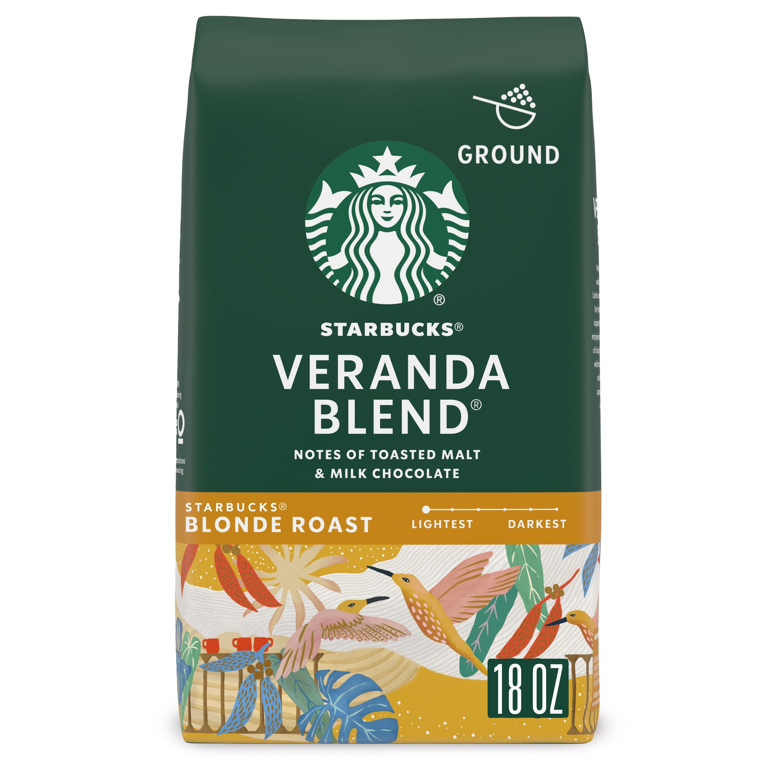 Starbucks Arabica Beans Veranda Blend, Blonde Roast, Ground Coffee, 18