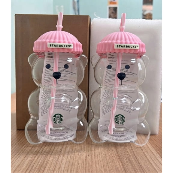 Starbucks Bearista Pink Bear Glass Tumbler Cold Cup with Straw 20 oz