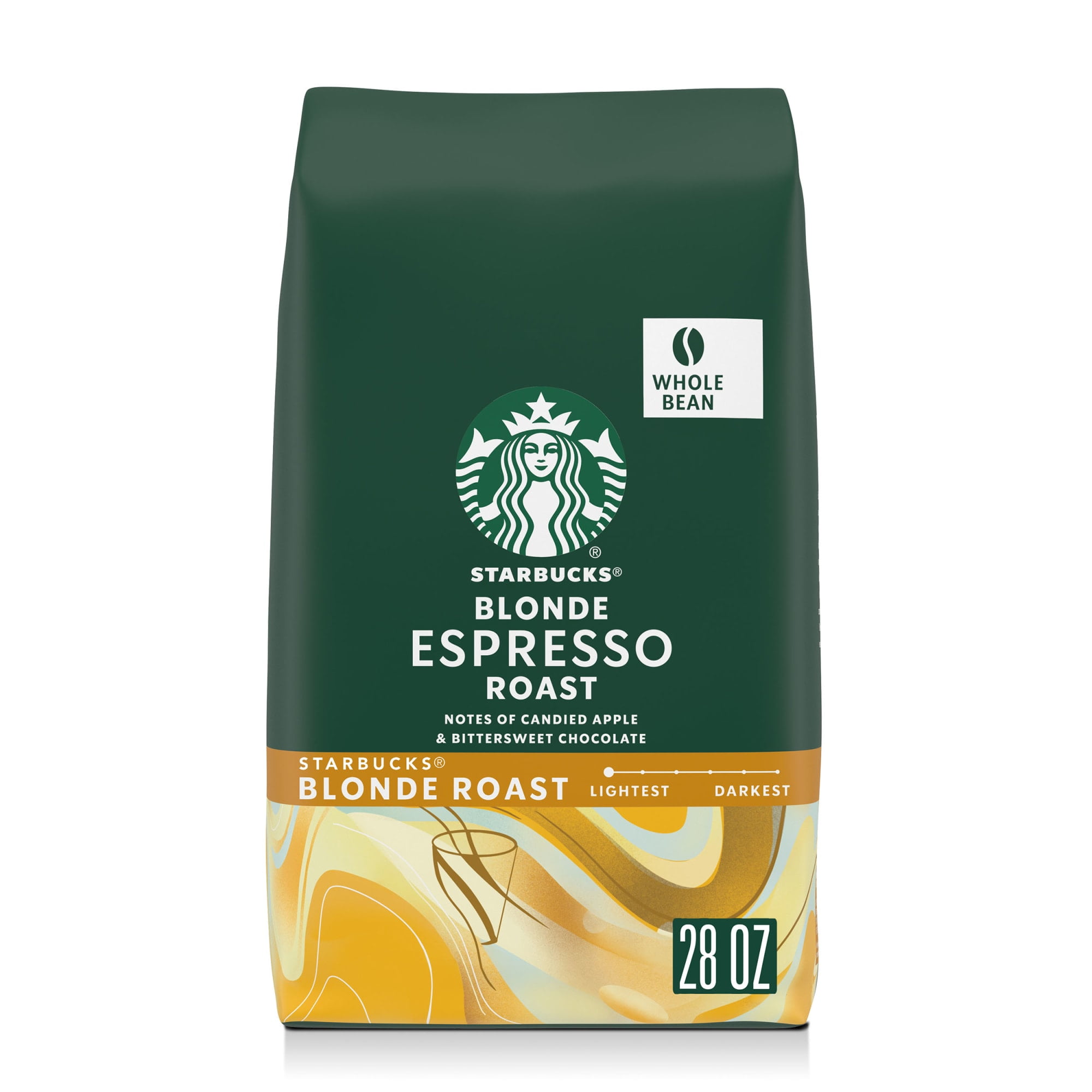 Starbucks Blonde Espresso Roast, Whole Coffee Bean, Blonde Roast Hot or Iced Coffee, 28 oz