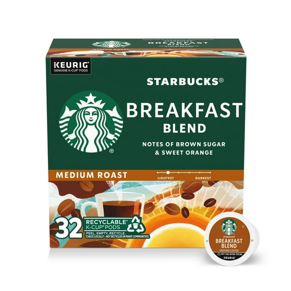Starbucks Breakfast Blend, Hot or Iced Coffee, Medium Roast K-Cup Coffee Pods, 32 Count