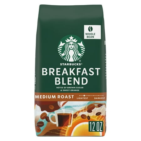 Starbucks Breakfast Blend, Whole Coffee Beans, Medium Roast Hot or Iced Coffee, 12 oz