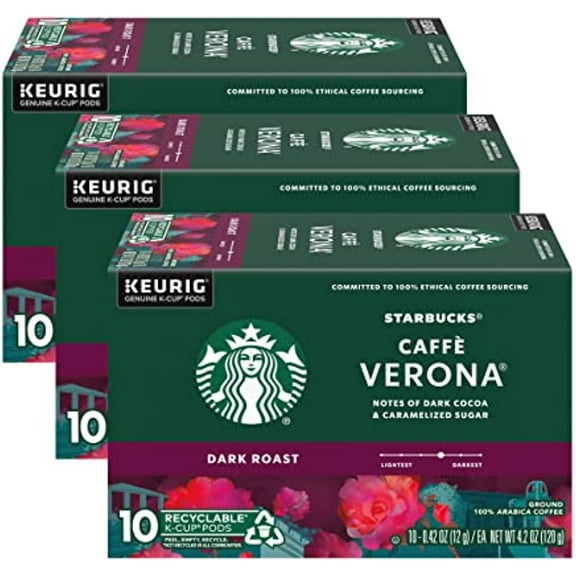Starbucks Coffee K-Cup Pods, Caff Verona, Dark Roast Coffee With Notes Of Dark Cocoa & Caramelized Sugar, Keurig Genuine K-Cup Pods, 10 Ct K-Cups/Box (Pack Of 3 Boxes)