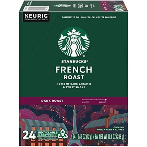 Starbucks Coffee K-Cup Pods, French Roast, Dark Roast Coffee, Notes Of Dark Caramel & Sweet Smoke, Keurig Genuine K-Cup Pods, 24 Ct K-Cups/Box (Pack Of 1 Box)
