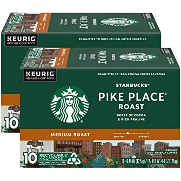 Starbucks Coffee K-Cup Pods, Pike Place Roast Coffee, Medium Roast 100% Arabica Coffee, Keurig Genuine K-Cup Pods, 10 Ct K-Cups Per Box (Pack Of 2 Boxes)