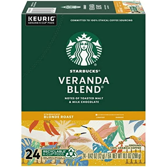 Starbucks Coffee K-Cup Pods, Veranda Blend, Blonde Roast Coffee, Notes Of Toasted Malt & Milk Chocolate, Keurig Genuine K-Cup Pods, 24 Ct K-Cups/Box (Pack Of 1 Box)