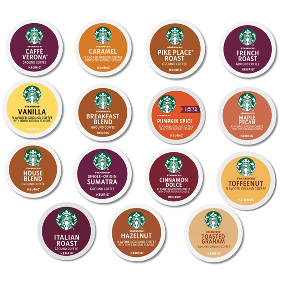 Starbucks Coffee Pods Variety Pack 30 Count Sampler for Keurig Flavored, Medium & Dark Roast K Cups Includes Hazelnut, Vanilla, Caramel, Cinnamon Dolce & More